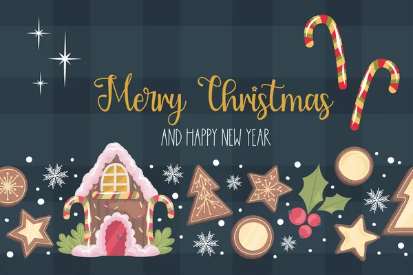 Weihnachtsbanner-Design mit Text Frohe Weihnachten, Lebkuchenhaus. Lebkuchen, Kakao mit Marshmallow und Lutscher als Weihnachtsdekoration. Vektorillustration. — Stockvektor