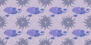 Güneşli ve bulutlu mistik bir arka plan. Sihirli astroloji ve yıldızlı gökyüzü. Bebek tekstil ürünleri için vektör çizimi. Çocuklar için kusursuz desen.