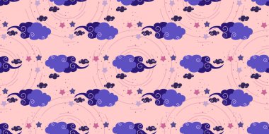 Bulutlarda bukleler olan mistik bir arka plan. Sihirli astroloji ve yıldızlı gökyüzü. Bebek tekstil ürünleri için vektör çizimi. Çocuklar için kusursuz desen