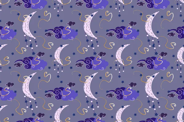 Mystical seamless pattern with clouds and moon.Magic astrology and the starry sky. Vector illustration for childrens textiles