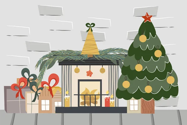 Різдвяний цегляний лофт з каміном та деревом. Прикрашені кульки ялина, камін зі свічками та подарунками. Векторна ілюстрація святкового інтер'єру . — стоковий вектор