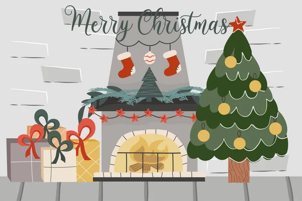Weihnachten Ziegelboden mit Kamin, Tanne, Text Frohe Weihnachten. Dekoriert mit Kugeln Fichte und Kamin Kerzen und Geschenke. Vektor-Illustration eines festlichen Interieurs — Stockvektor