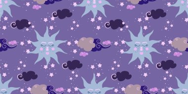 Güneşli ve bulutlu mistik bir arka plan. Sihirli astroloji ve yıldızlı gökyüzü. Bebek tekstil ürünleri için vektör çizimi. Çocuklar için kusursuz desen.