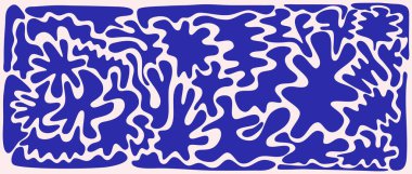 Matisse soyut şekil paketi. Yosun ve botanik yaprakların kesik şekli. Düz stil mavi renkte organik soyutlama. Henri Matisse tarzı