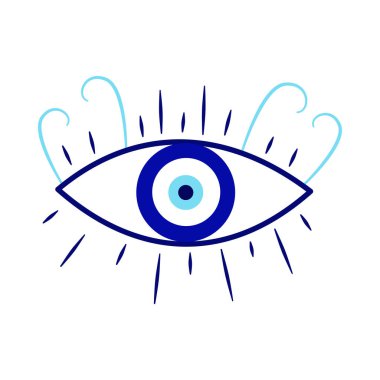 Kem gözlü Yunan muskası izole edildi. Kirpikli Türk gözü ve tılsım ve koruma için mavi bir göz. Düz bir şekilde vektör illüstrasyonu.