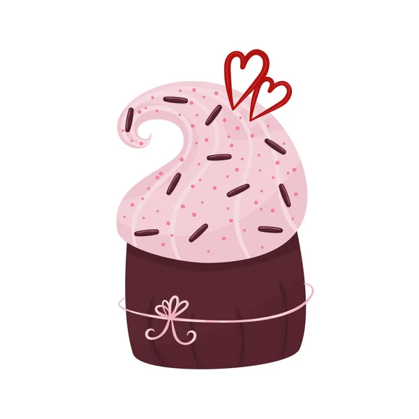 Valentine cake.Muffins with chocolate and heart. A bakery with a heart and a bow for Valentines Day. Vector illustration in flat hand drawn style. — Stock Vector