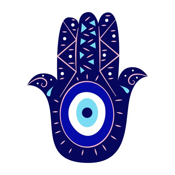 Ізольована хабса рука з злим грецьким оком. Турецький амулет з синіми символами та трикутниками. Векторні плоскі ілюстрації стилю . — стоковий вектор