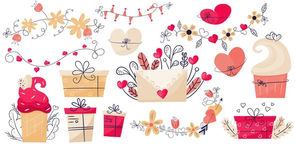 Set for valentines day romantic love clipart with cupcakes, hearts and garlands. Pink boxes gifts, an envelope with hearts and leaves. Vector illustration in flat hand style — стоковый вектор