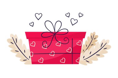 Gift with heart for Valentines Day romantic box isolated on white background.A knotted gift with a bow and branches of leaves for decoration. Vector illustration in flat style