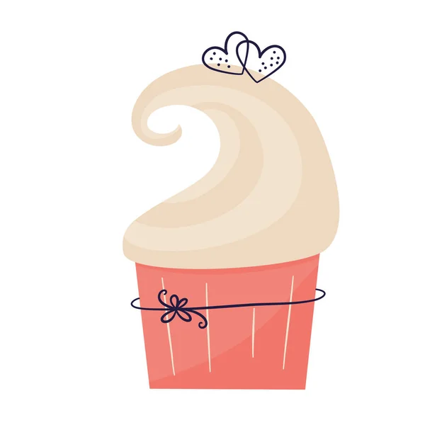 Vanilla cupcake with heart for Valentines Day. Waffle cup with cream. Delicious, sweet dessert with decor. Flat vector illustration isolated. — Stock Vector