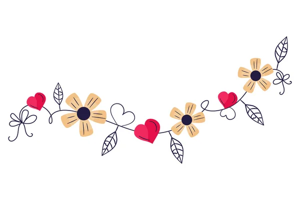 Garland for valentines day with heart and flowers.Romantic decoration for decoration with leaves and bows. Vector illustration in flat handdrawn style. — Stockvector