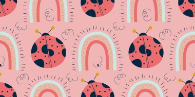 Pink scandinavian pattern with ladybird and rainbow. Seamless pattern with ladybug for spring. Boho scandinavian spring for kids design. Cute flat modern simple design.