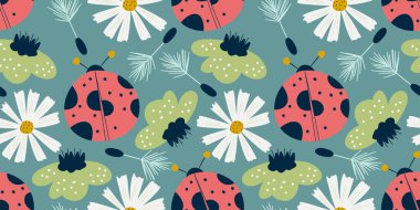 Seamless pattern ladybird and chamomile in scandinavian style. Nordic spring for kids textile. Summer floral scandinavian nursery print design. Ladybug with chamomile and dandelion flowers
