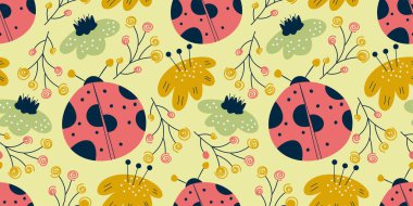 Seamless pattern ladybird and flower in scandinavian style. Nordic spring for kids textile. Summer floral scandinavian nursery print design. Ladybug with branch