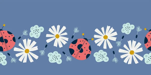 Seamless border with ladybug, chamomile flowers.Spring pattern with insects and flowers on a blue background. Dandelions and ladybug for summer designs. Vector illustration in flat style