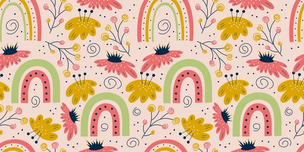 Padrão sem costura primavera escandinavo com arco-íris, flores e ramos. Padrão minimalista rosa pastel. Ilustração vetorial plana —  Vetores de Stock