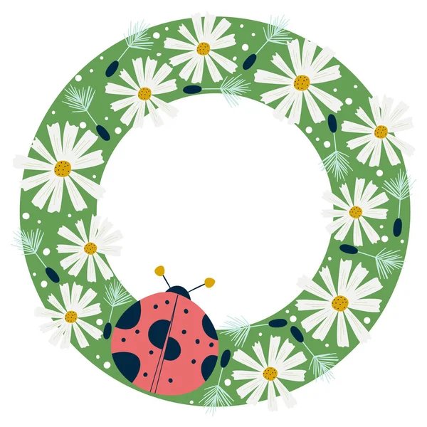 Frame round spring with ladybug and chamomile flowers isolated on white background.Chamomile and insects with dandelions on a green background. Vector illustration in flat style
