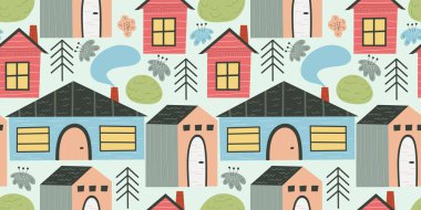 İskandinav evi dumansız ve çiçekli. El çizimi vektör çizimi. Pencereli bir kulübe ve tekstil çocukları için bir çatı. Güzel evleri olan köy manzarası.