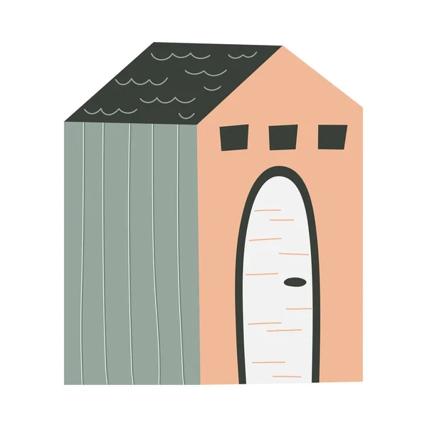 Casa escandinava com janela isolada no fundo branco. Telhado com chaminé. Projeto infantil plana. ilustração de moda desenhada à mão. Moradia colorida com uma porta redonda. —  Vetores de Stock