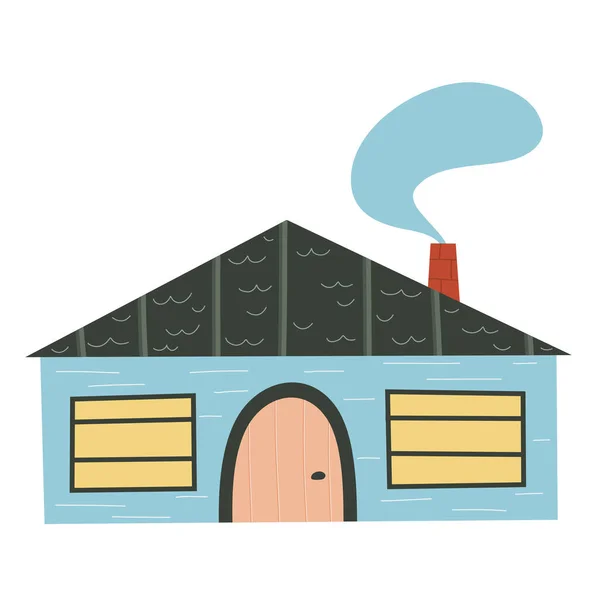 Скандальный дом с окном, изолированным на белом фоне. Крыша с шимпанзе и дымом. Плоский детский дизайн. Ручная иллюстрация моды. Цветной игрушечный дом с круглой дверью. — стоковый вектор