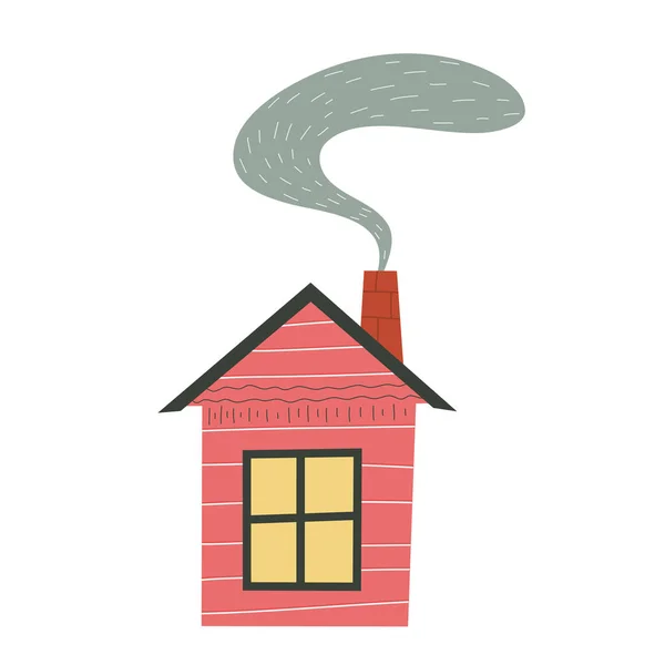 Casa escandinava com janela e fumaça isolada em fundo branco.Telhado com chaminé. Projeto infantil plana. ilustração de moda desenhada à mão. Moradia colorida. —  Vetores de Stock