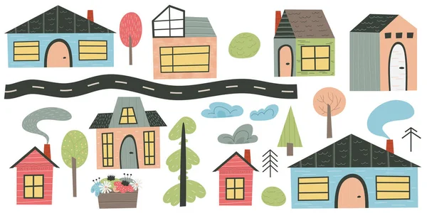 Современный скандинавский дом с дорогами и деревьями. Европейская деревня с симпатичными домами и шимпанзе на крышах. Плоский векторный рисунок. — стоковый вектор