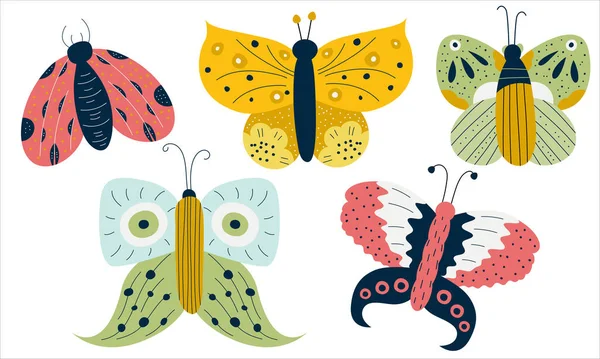 Establecer mariposa escandinava y polilla aislada sobre fondo blanco. Insectos con alas de colores para el diseño de los niños. Mano dibujado vector de primavera conjunto. — Archivo Imágenes Vectoriales