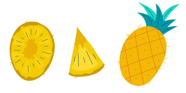 Egész ananász és darabok egy készlet elszigetelt fehér hátterű.Édes nyári gyümölcs zöld levelek design. Lapos vektor illusztráció — Stock Vector