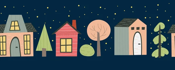 Casas escandinavas em uma fronteira sem costura. Bonita rua noturna com casas, fumaça, árvore e uma estrada para design infantil. Ilustração vetorial plana. —  Vetores de Stock