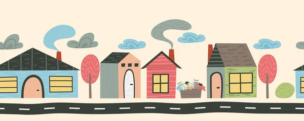 Casas escandinavas em uma fronteira sem costura. Rua da cidade bonito com casas, fumaça, árvore e uma estrada para o projeto das crianças. Ilustração vetorial plana —  Vetores de Stock