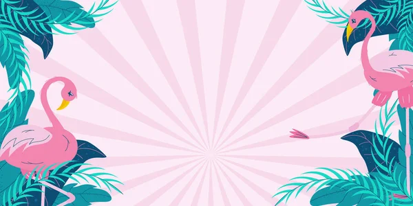 Sommerbanner mit tropischen Blättern und Flamingos auf rosa Hintergrund mit Platz für Text. Grüne Blätter und rosa Vogel. Flache horizontale Darstellung des Vektors — Stockvektor