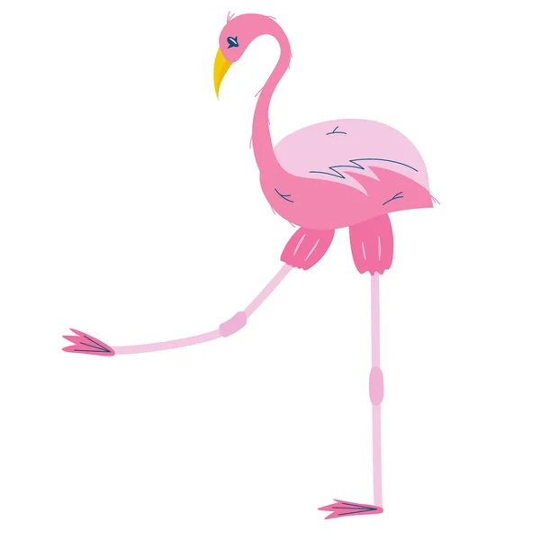 Fenicottero rosa isolato su fondo bianco.Un uccello tropicale con piume e becco poggia su una lunga zampa. Illustrazione vettoriale piatto — Vettoriale Stock