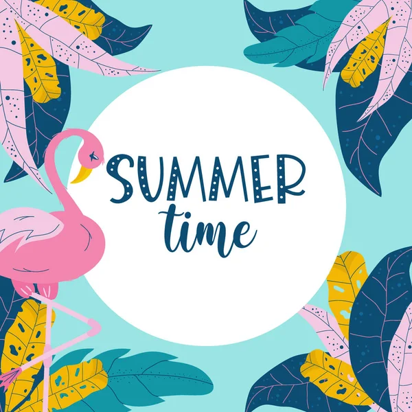 Sommerschablone mit Flamingos und tropischen Blättern und mit Text Sommerzeit. Rundes Design mit rosa Vogel und bunten tropischen Blättern. Flache Vektorabbildung — Stockvektor