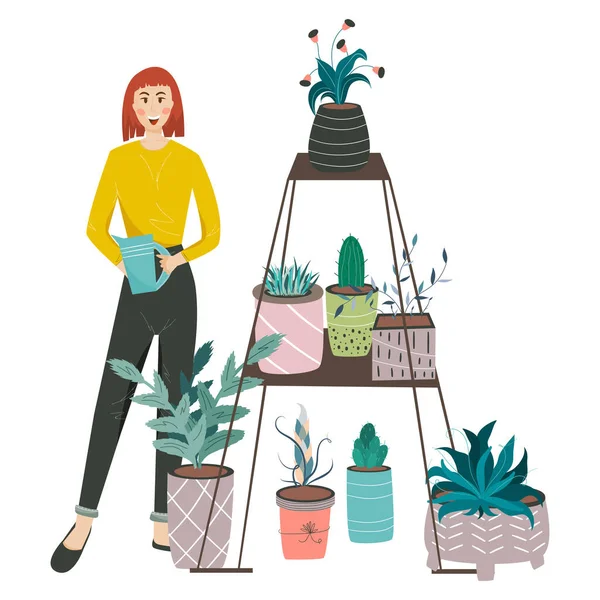 Thuis tuin meisje met gieter water bloemen op rek in huis potten. Verscheidenheid aan bladeren, cactussen op de plank. Een glimlachende vrouw die voor planten zorgt. Hobbyplanten kweken. Platte vectorillustratie. — Stockvector
