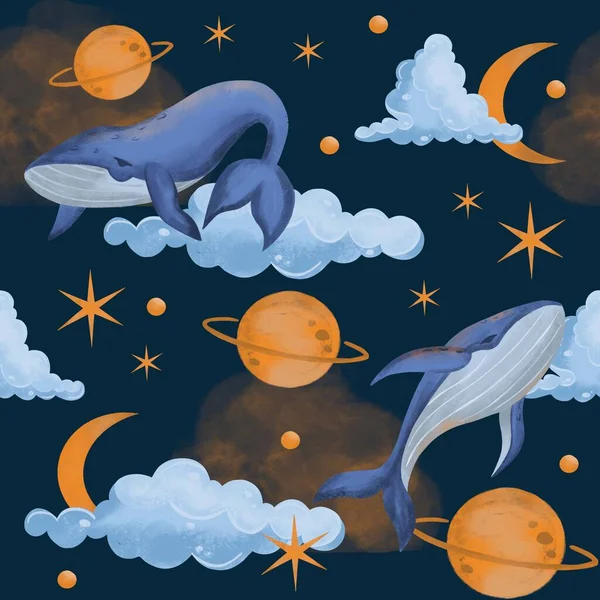 Υδατογραφία Αδιάλειπτη Μοτίβο Φάλαινα Χταπόδι Φεγγάρι Αστέρια Σύννεφο Εικονογράφηση Υδατογραφίας — Φωτογραφία Αρχείου