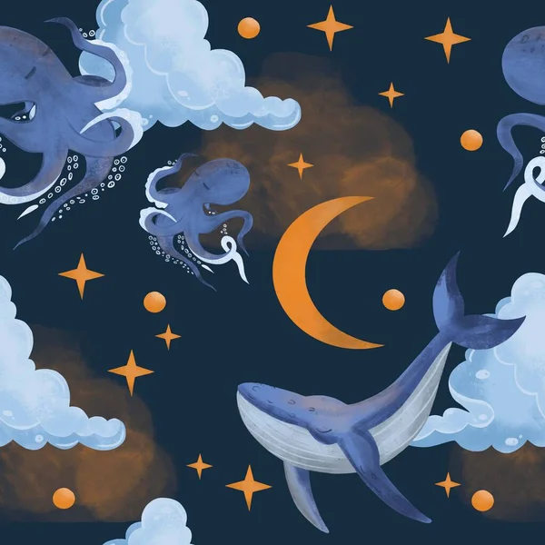 Watercolor seamless pattern with cute whale, octopus, moon, stars, cloud. Watercolor illustration.