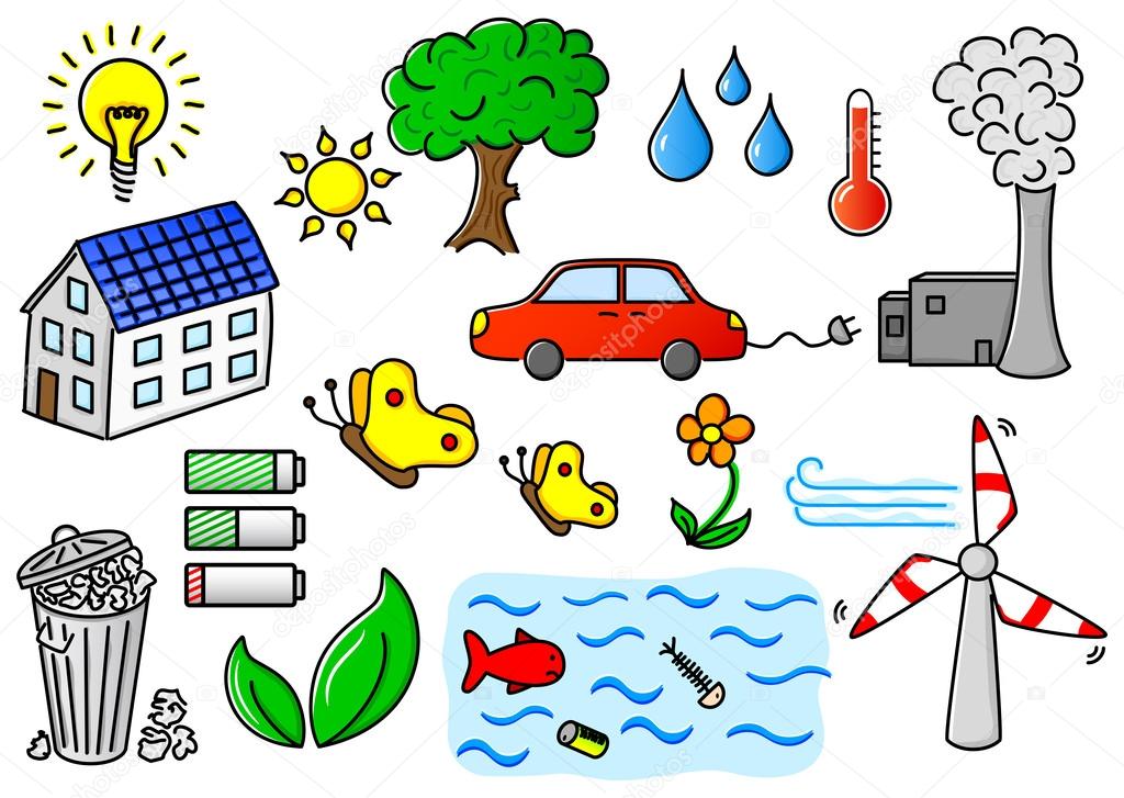 Environmental pollution and green energy icon set