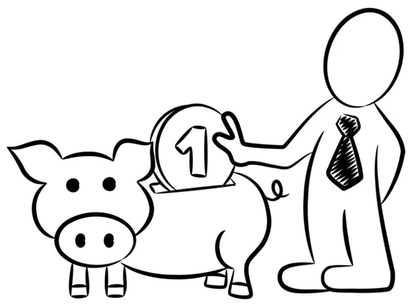 Cartoon of a businessman who put money into a piggy bank — Stock Vector