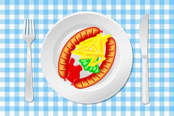 Накрытый стол с колбасой, картошкой фри и кетчупом — стоковый вектор
