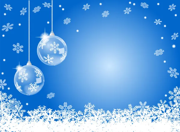 İki Noel baubles ile soyut mavi kar tanesi arka plan