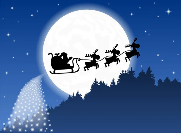 Santa Claus and his reindeer sleigh backlit by the full moon — Stock Vector