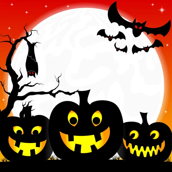 Halloween background with pumpkins, full moon and bats — Stock Vector