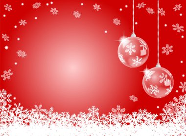 İki Noel baubles ile kırmızı kar tanesi arka plan