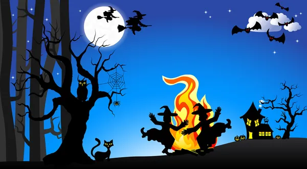 Witches dancing around fire at halloween — Stock Vector