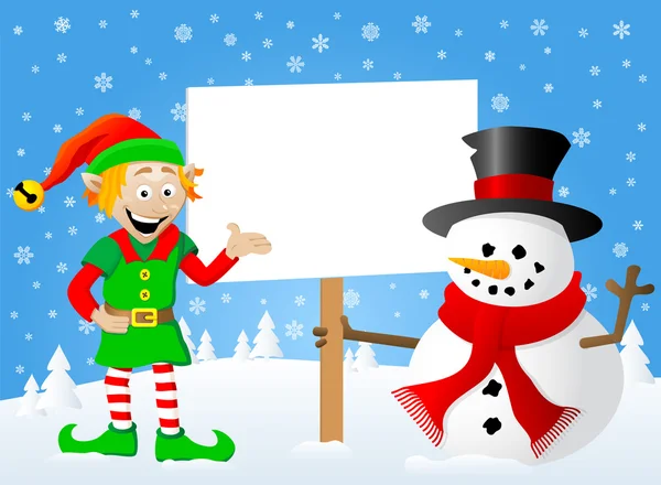 Elfo de Navidad y muñeco de nieve con signo en la mano — Vector de stock