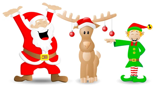 Santa claus, rendieren en Kerstmis elf op wit — Stockvector