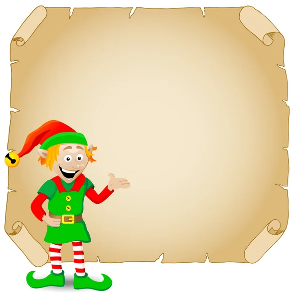 Elfo de Navidad y pergamino viejo — Vector de stock