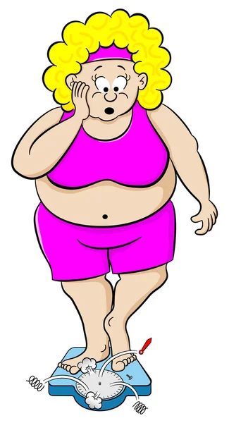 Overweight woman on bathroom scale — Stock Vector