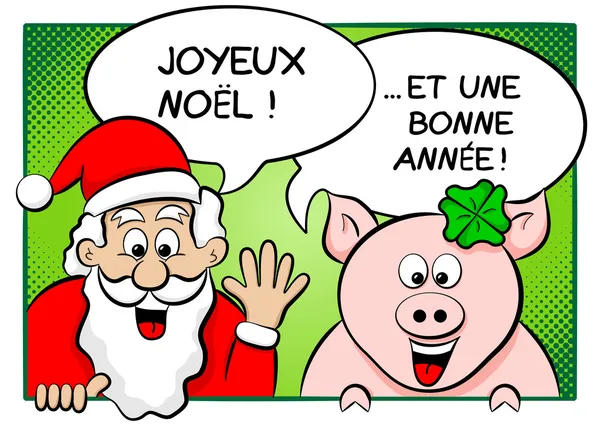 Noel Baba ve konuşma balonları ile şanslı domuz — Stok Vektör