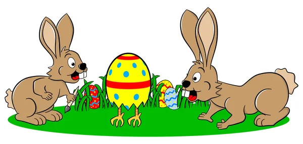 Coniglietti pasquali trovare un uovo in esecuzione — Vettoriale Stock
